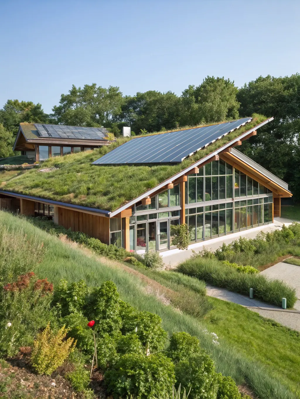 A modern, eco-friendly building with solar panels and green walls, set in an urban environment, illustrating sustainable infrastructure and environmental responsibility.