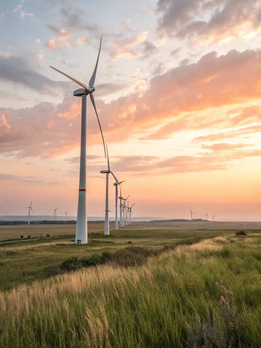 A wind turbine farm in Germany, with sleek, modern turbines against a backdrop of rolling green hills and a clear sky, symbolizing renewable energy innovation.