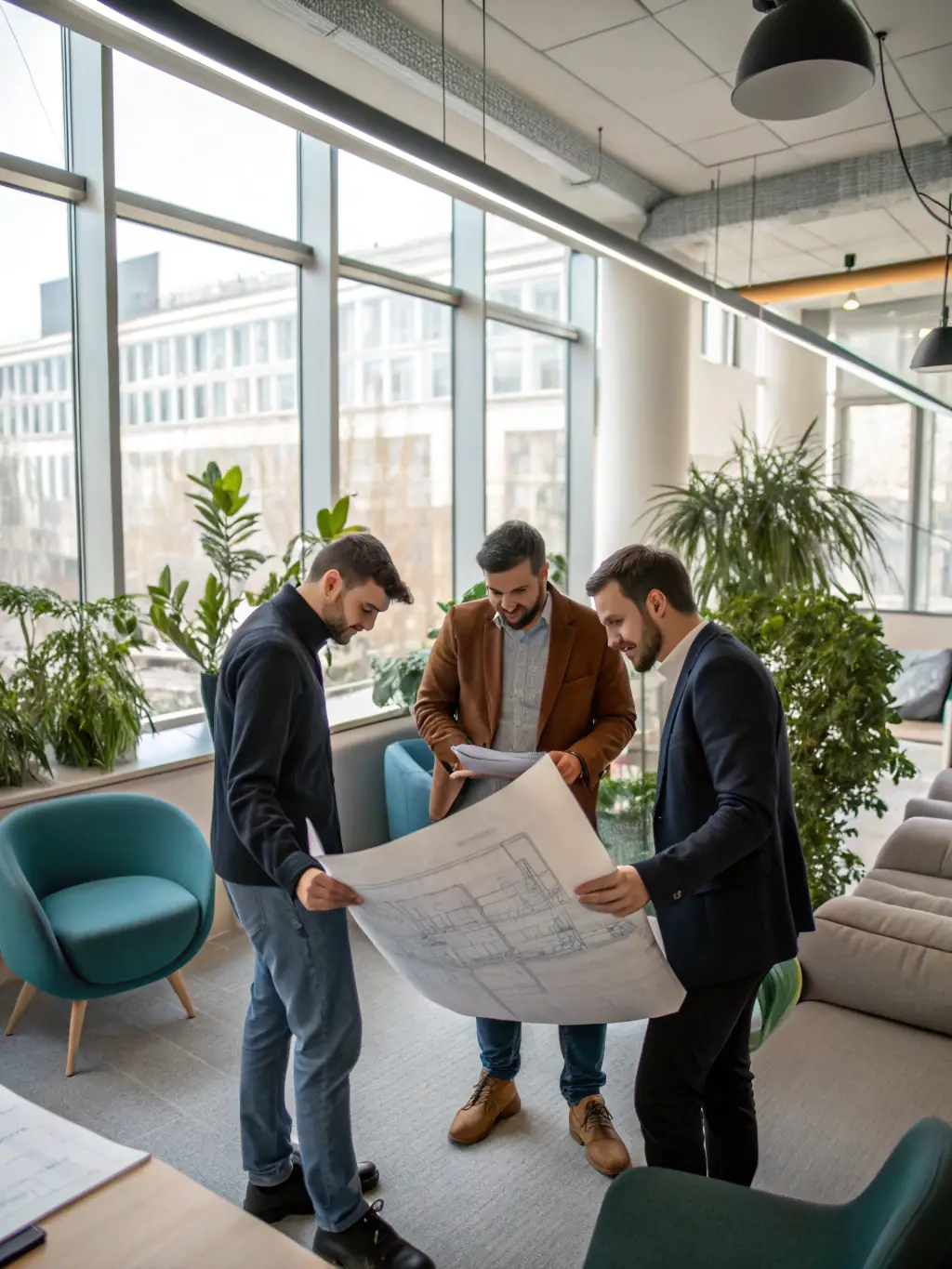 A diverse team of German and Mongolian engineers collaborating on a project blueprint in a modern office, symbolizing international cooperation and technical expertise.