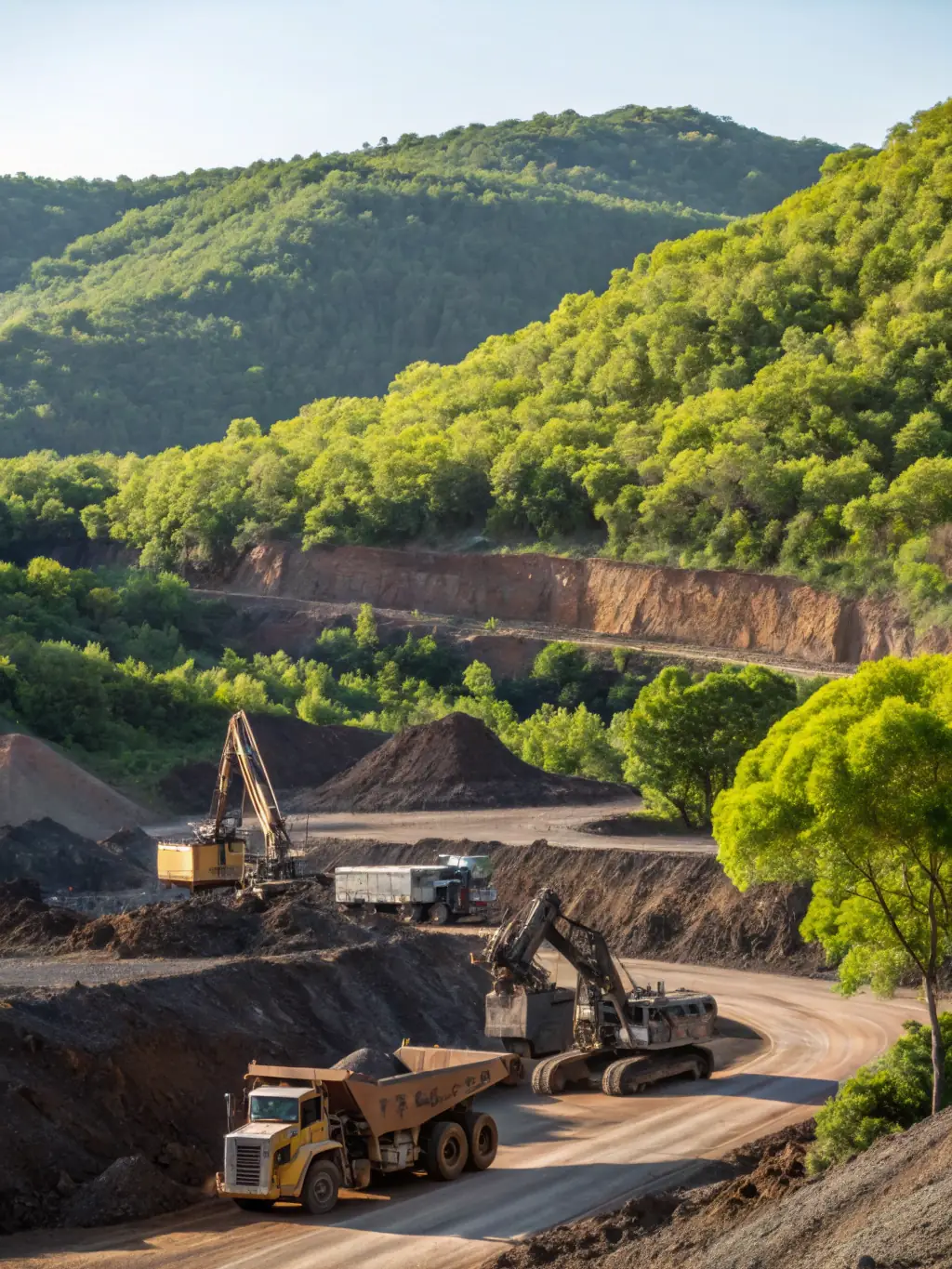 A photograph of a modern open-pit mine in Mongolia, showcasing advanced extraction technology and environmental protection measures, under a clear blue sky.